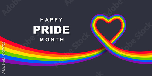 Pride month concept with rainbow flag forming heart shape. Colorful banner or header design.