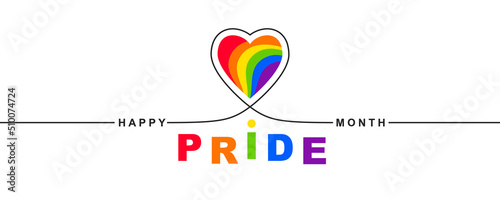 Happy Pride month concept. Banner with heart made of rainbow flag colors isolated on white background.