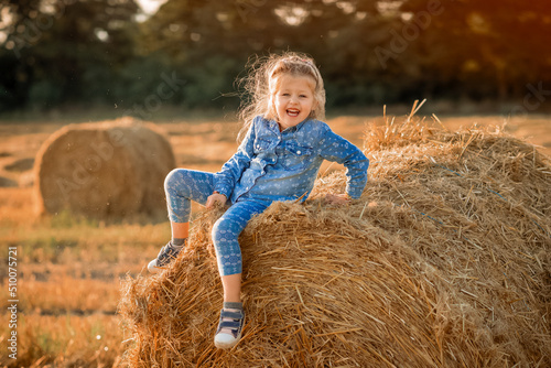 Fotografie, Obraz girl is sitting on a haystack and smiling