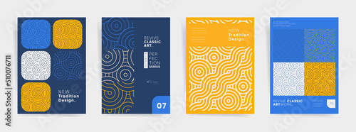 Asian geometry identity brochure or flyer set. Business company template for presentation, book cover, poster or report. A4 vertical vector front page mock up set. Japanese abstract geometric design.

