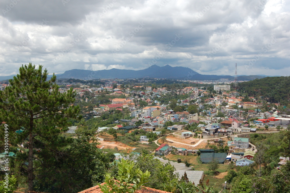 View of a small town in a mountainous area.