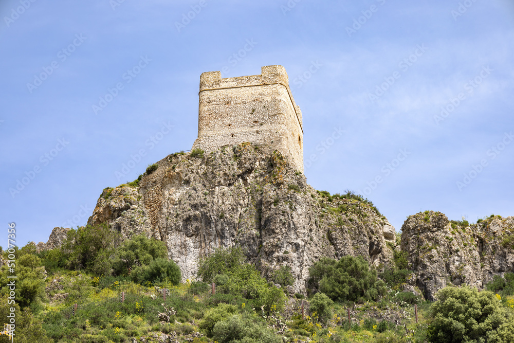 Tower of the Tribute of the Castle of Zahara de la Sierra in Cadiz, Andalusia, Spain