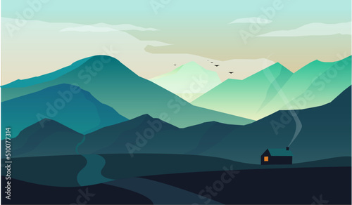 Vector illustration of a beautiful dark blue mountain landscape with a house. sunrise and sunset in the mountains. Countryside.