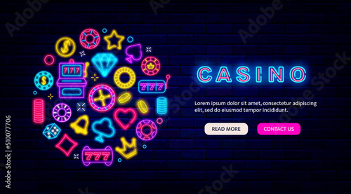 Casino neon promotion. Landing page template with round layout. Jackpot concept. Vector stock illustration