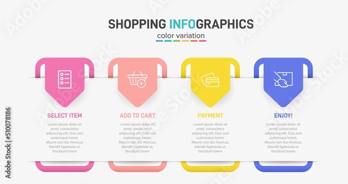 Concept of shopping process with 4 successive steps. Four colorful graphic elements. Timeline design for brochure, presentation, web site. Infographic design layout.