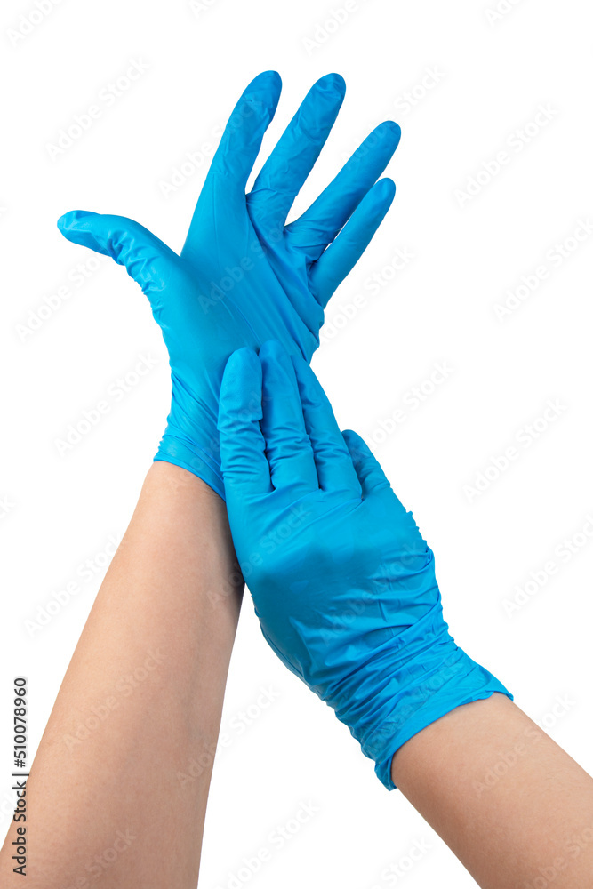 Blue nitrile medical gloves on hands isolated on the white Blue nitrile medical gloves on hands isolated on the white