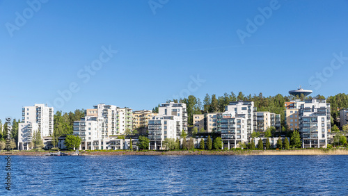 Residential district on a waterfront property in Jyväskylä on a sunny day