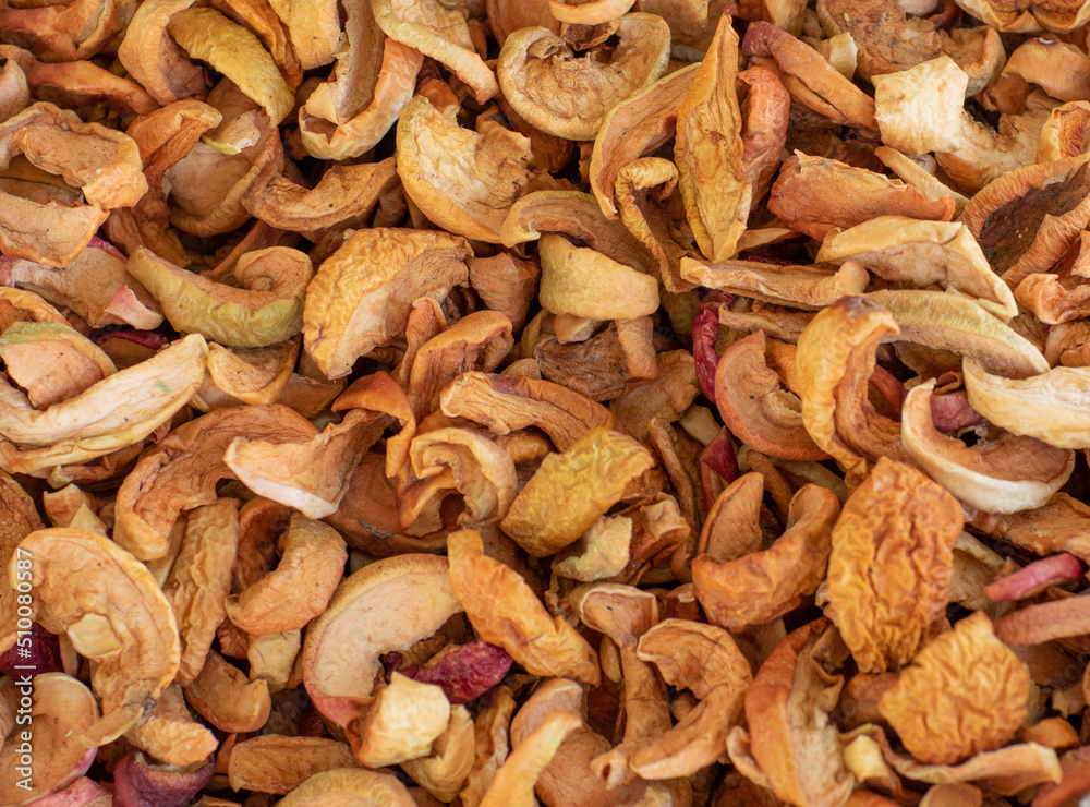 background of dried apples for compote, top view