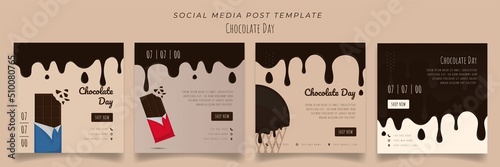 Set of social media post template in brown background and melted chocolate for advertising design