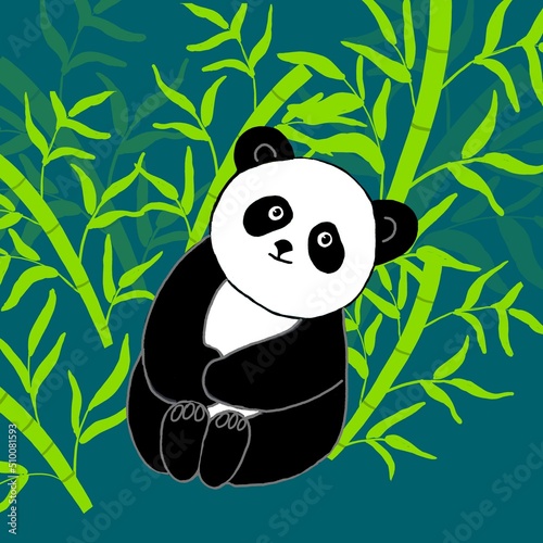 illustration with a sitting cute panda and bamboo 