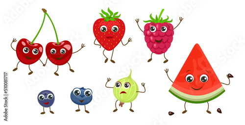 Cute berries characters. Collectionof funny food vector illustration. Cartoon happy raspberry, strawberry, blueberry, cherry, bilberry, gooseberry and watermelon. Set of flat Vector illustration.