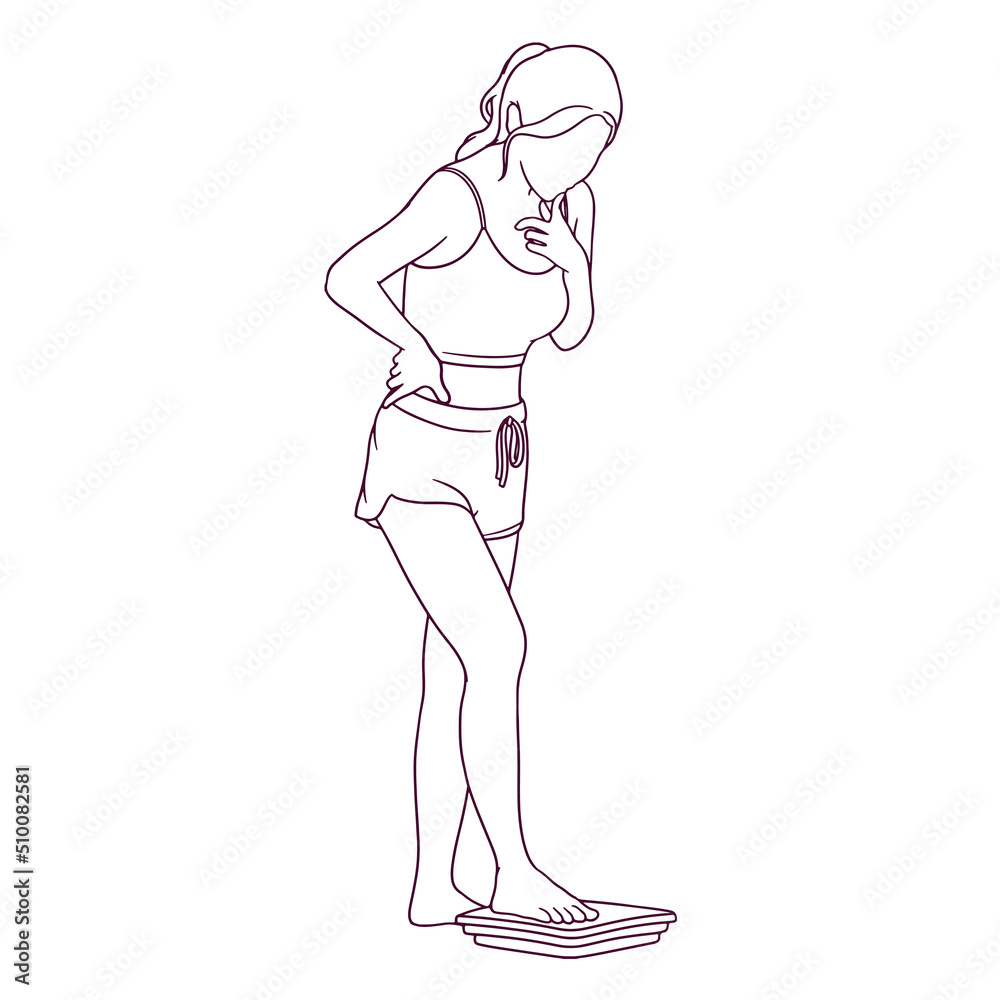 hand drawn woman in sportswear measuring her weight illustration hand drawn woman in sportswear measuring her weight illustration