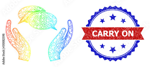 Crossing mesh conversation care carcass icon with spectrum gradient, and bicolor dirty Carry On seal. Red seal has Carry On title inside blue rosette. Colored frame mesh conversation care icon.