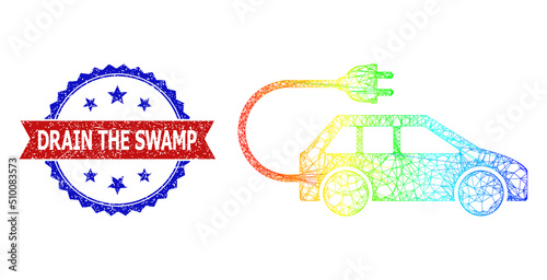 Crossing mesh electric car frame icon with rainbow gradient, and bicolor unclean Drain the Swamp watermark. Red stamp contains Drain the Swamp title inside blue rosette.