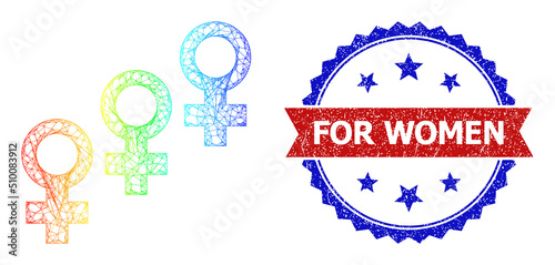 Net female cohort framework icon with spectral gradient, and bicolor scratched For Women watermark. Red stamp contains For Women title inside blue rosette. Colored frame net female cohort icon.