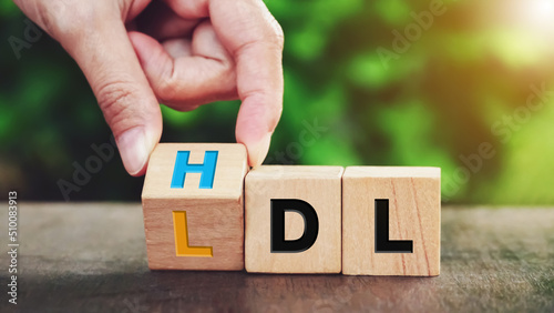 Hand flipping wooden cube block from change LDL to HDL for High is high density lipoprotein and LDL is low density lipoprotein concept on nature background.                           photo