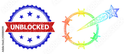 Net freedom carcass icon with spectral gradient, and bicolor dirty Unblocked seal stamp. Red stamp seal includes Unblocked text inside blue rosette. Vibrant frame net freedom icon.