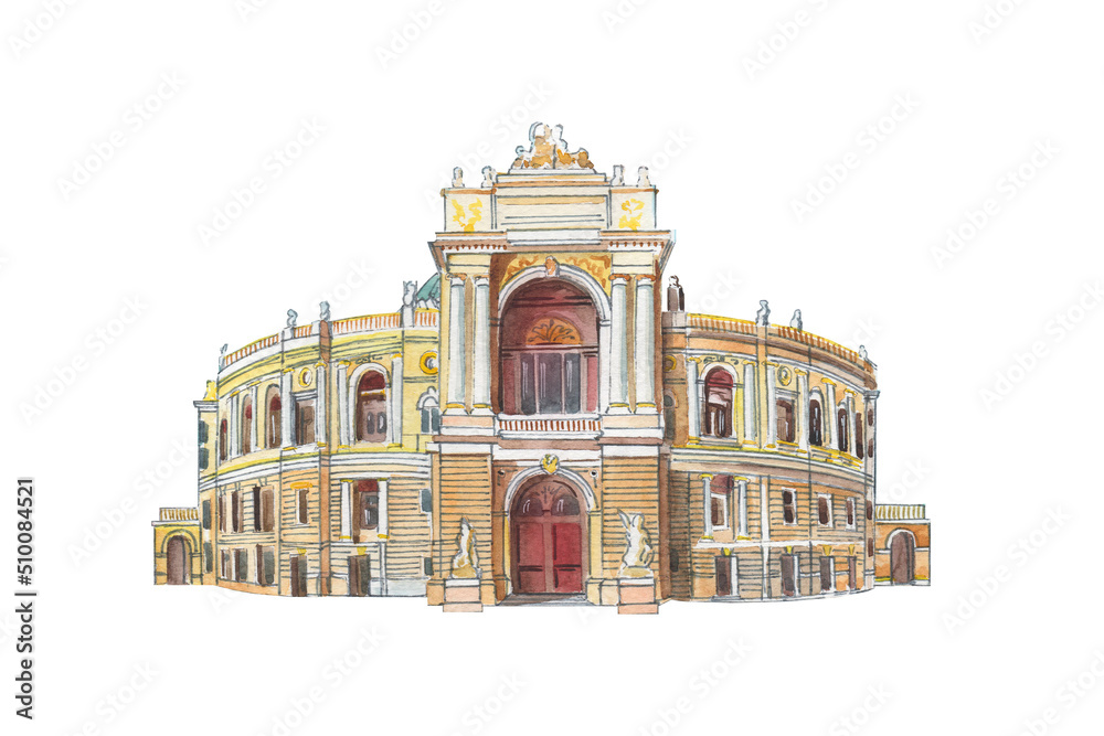 Watercolor illustration of Opera House in Odesa, Ukraine. Art of baroque architecture. Beautiful European building.