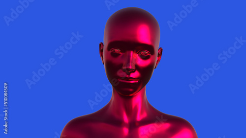 3D render portrait of a red bald woman on a blue background.