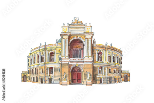 Watercolor illustration of Opera House in Odesa, Ukraine. Art of baroque architecture. Beautiful European building. photo