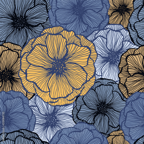 Poppy flower doodle  floral vector seamless pattern summer  fabric print design. Line texture petals