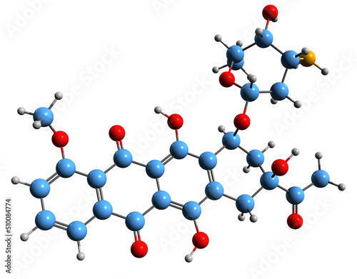 3D image of Daunorubicin skeletal formula - molecular chemical structure of daunomycin isolated on white background
 photo