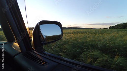 View from the cab of the car. Rearview mirror. Green trees. High grass. Travel by car. Adventure. Japanese car. Without people. Sunset.