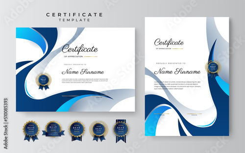 Modern elegant blue and gold diploma certificate template. Certificate of achievement template with gold badge and border