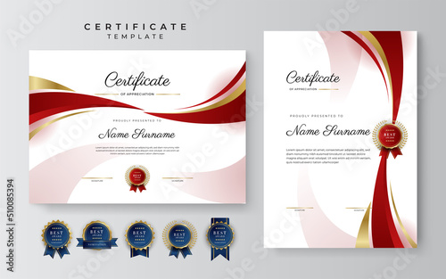 Modern elegant dark red and gold diploma certificate template. Certificate of achievement template with gold badge and border