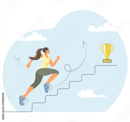 The sportswoman aspires to a victory The young girl rises on a career ladder  does steps  runs to a victory  an award  a trophy. Promotion at work. A successful winner strives for the goal. Vector .