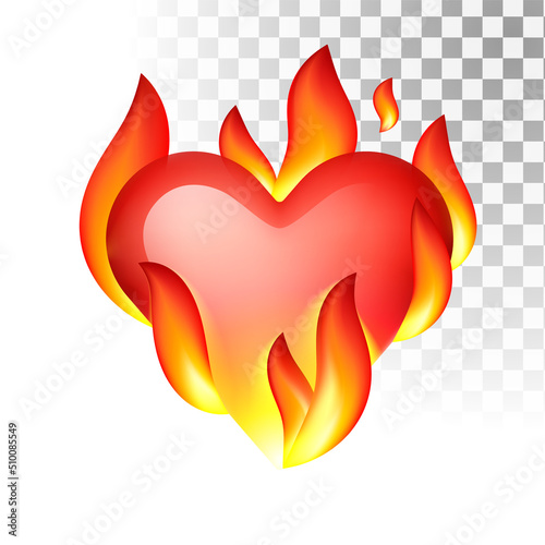 Heart in fire, hot emoji. Red burning heart with fire 
