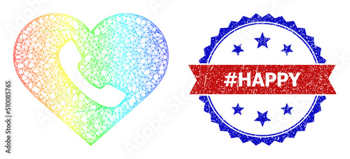 Network love call model icon with spectrum gradient, and bicolor grunge tag Happy seal. Red stamp seal has tag Happy text inside blue rosette. Colored frame network love call icon.