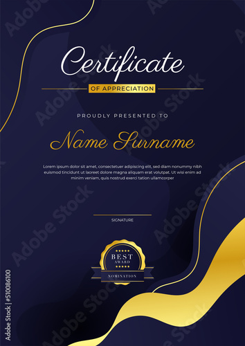 Blue and gold certificate of achievement template with gold badge and border