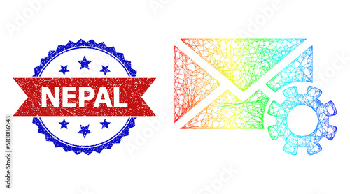 Crossing mesh mail options carcass icon with spectrum gradient, and bicolor dirty Nepal watermark. Red badge includes Nepal title inside blue rosette. Bright carcass mesh mail options icon.
