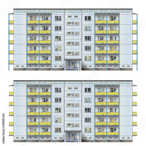 High-rise building constructed of large, prefabricated concrete slabs. Soviet Union style. Set of facades. Vector illustrations isolated on white background.