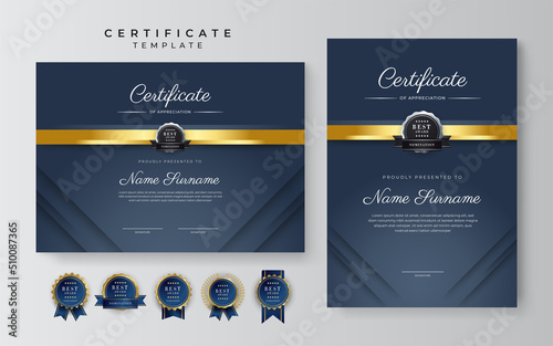 Modern dark grey black and gold certificate award. Certificate of achievement template with gold badge and border
