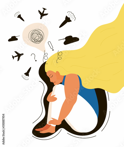 Fear of war, stress, psychological problems concept vector. Frustrated, depressed woman hugging her knee.