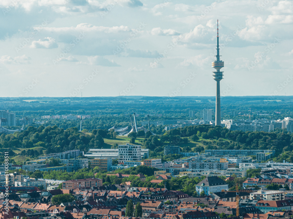 View of the Olympic Stadium and the Fernsehturm in Munich, Germany
