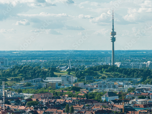 View of the Olympic Stadium and the Fernsehturm in Munich  Germany