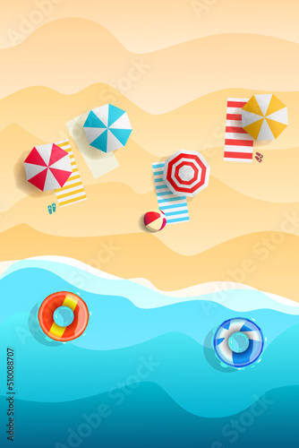 Summer banner with beach towels, umbrellas and liferings on the beach near the sea for tropical summer holiday vacation wallpaper, billboard or summer sale banner