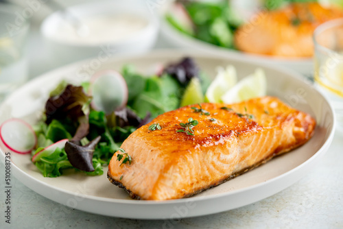 Grilled salmon fillet and fresh vegetable salad. Mediterranean diet. 