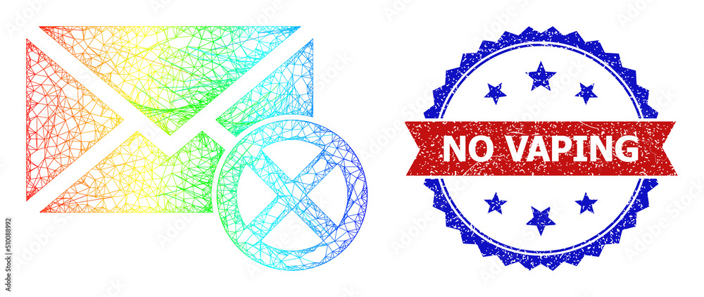 Naklejka premium Mesh net reject leter carcass icon with spectral gradient, and bicolor textured No Vaping stamp. Red stamp seal contains No Vaping text inside blue rosette. Colored carcass mesh reject leter icon.