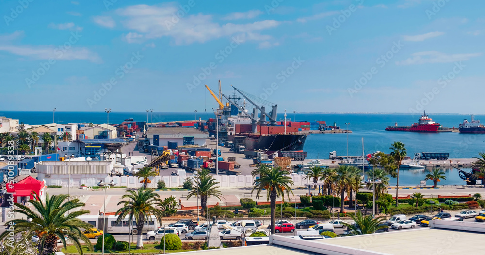 Port of Sousse, Tunisia, Container ship in export and import business and logistics. Water transport International.