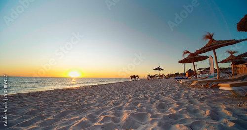 Luxury summer beach resort. Beach reed umbrella from Tunisia. Sea water on the sunset. Vacation and travel concept.