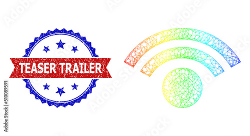 Network sound source carcass icon with rainbow gradient, and bicolor textured Teaser Trailer stamp. Red stamp has Teaser Trailer text inside blue rosette. Bright carcass network sound source icon.