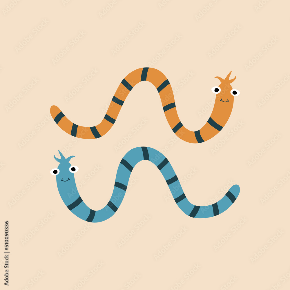 Naklejka premium Funny worms hand drawn vector illustration. Colorful animal character in flat style for kids logo or icon.