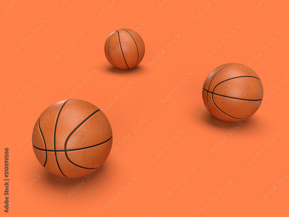 3d render three basketball balls on an orange background