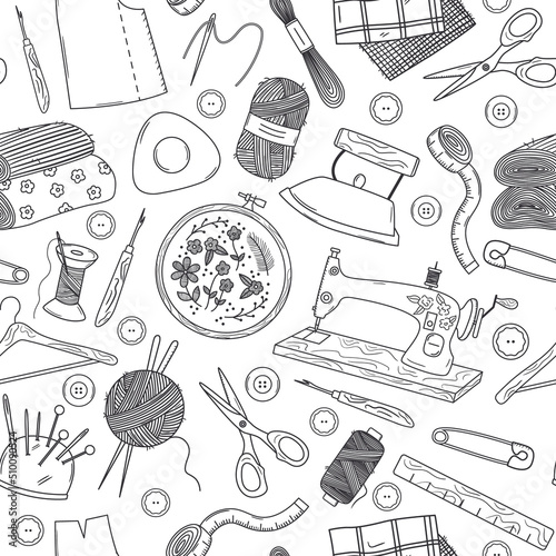 Seamless vector pattern with outline doodle sewing elements. Retro machine, embroidery hoop, threads, yarn, fabric, iron, needles. Hand drawn studio background in black and white colors
