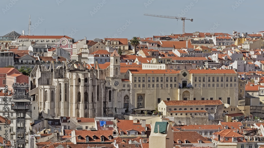Lisbon cityscape with ruins of the curch of the Carmo convent