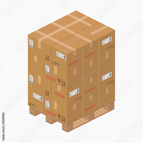 isometric cardboard box packages parcel detailed on wooden pallet vector flat illustration